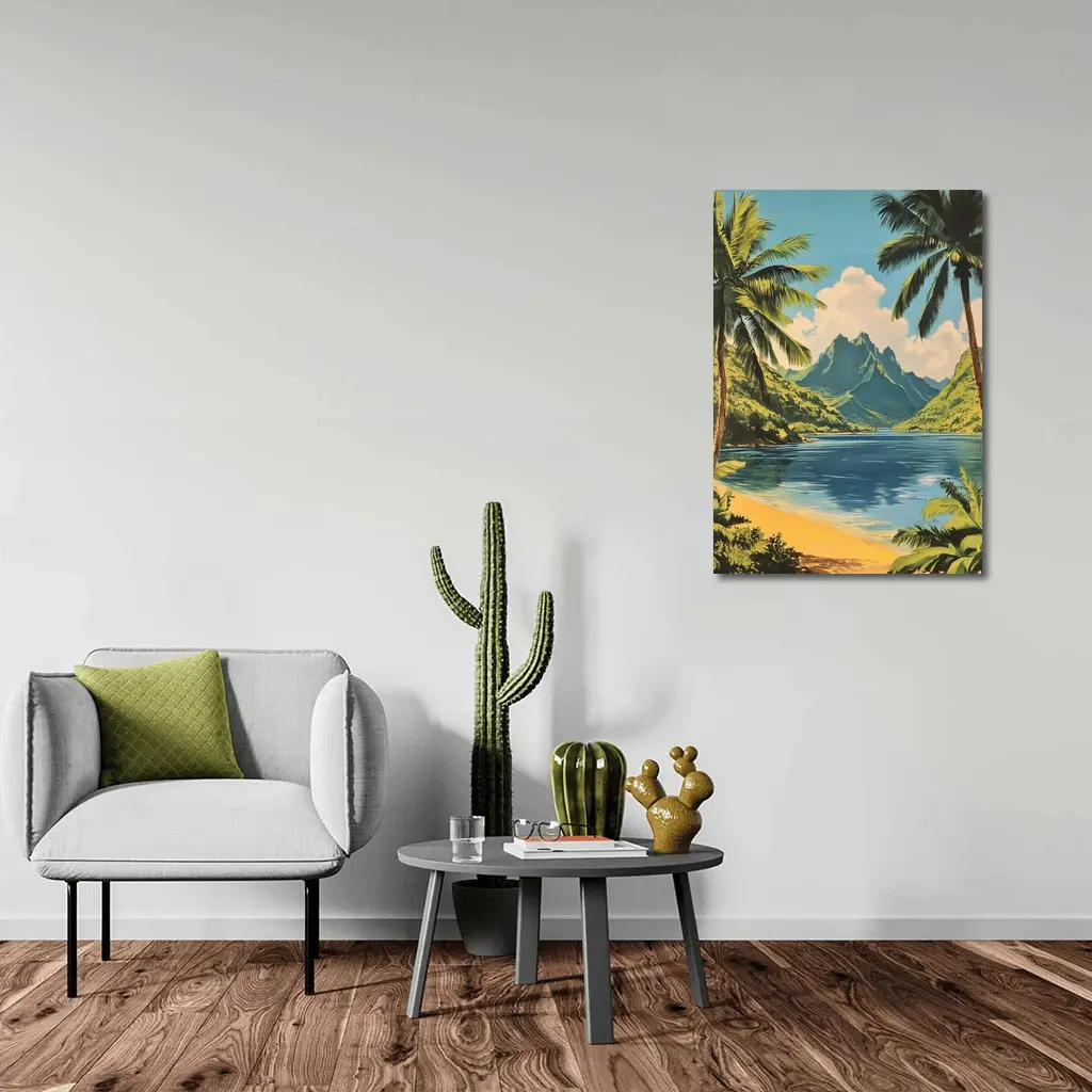 Retro Tropical Beach Mountains Palm Trees Art – Wall Art