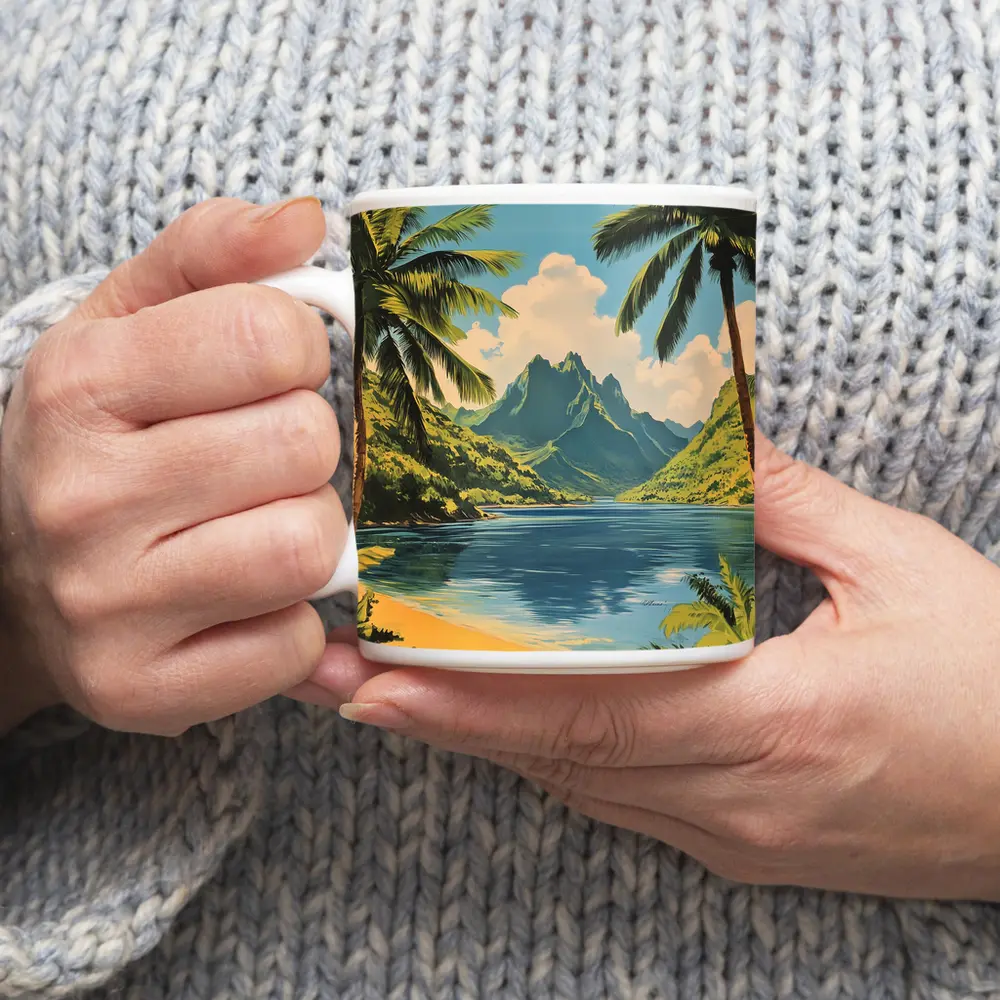 Retro Tropical Beach Mountains Palm Trees Art – Mugs