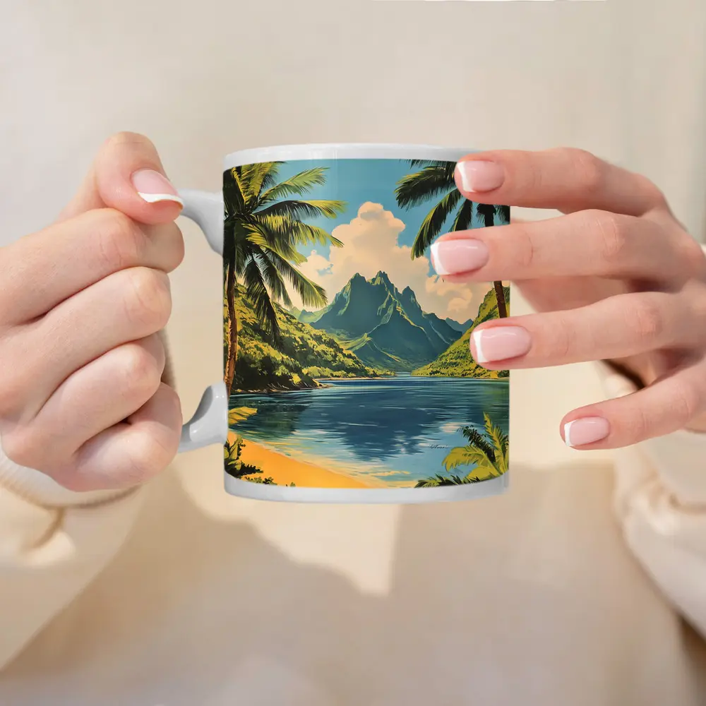 Retro Tropical Beach Mountains Palm Trees Art – Mugs