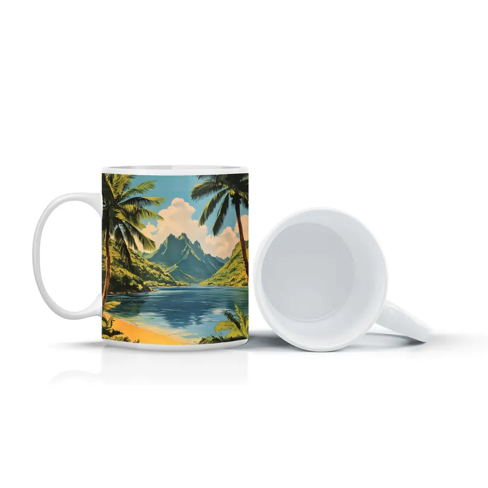 Retro Tropical Beach Mountains Palm Trees Art – Mugs