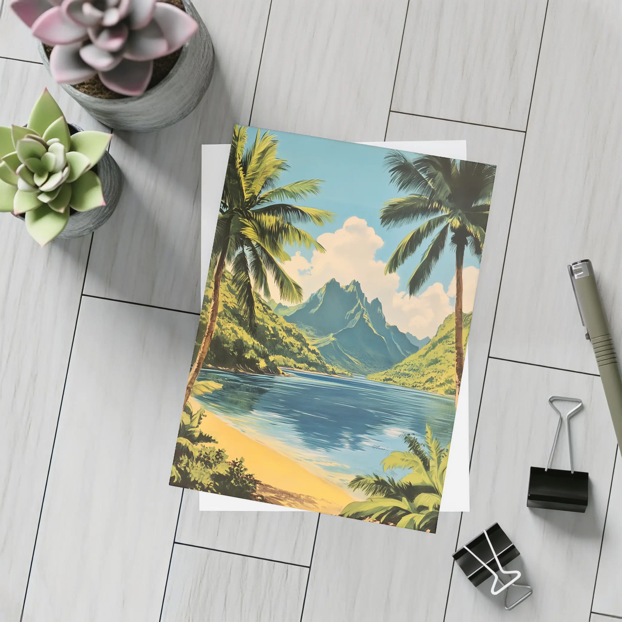 Retro Tropical Beach Mountains Palm Trees Art – Postcards