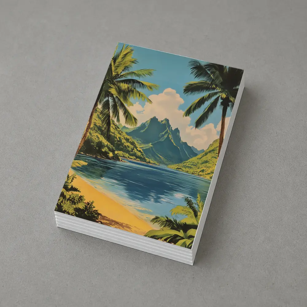 Retro Tropical Beach Mountains Palm Trees Art – Postcards