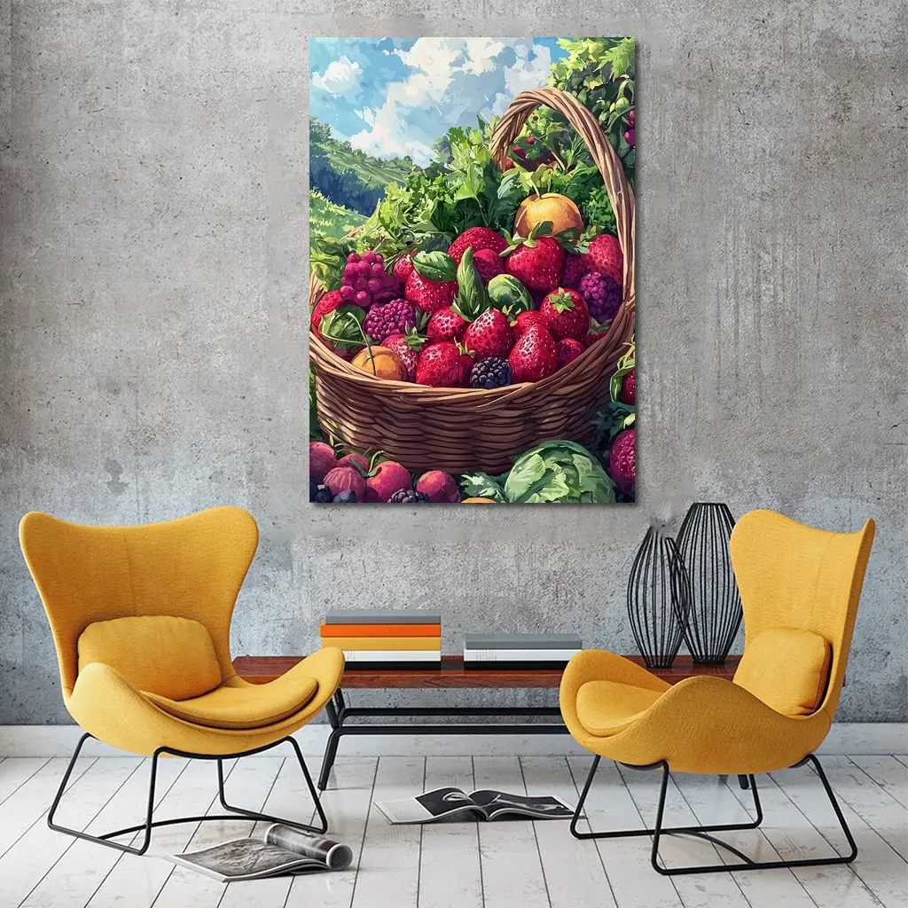 Fresh Fruit Basket Summer Countryside Illustration – Wall Art