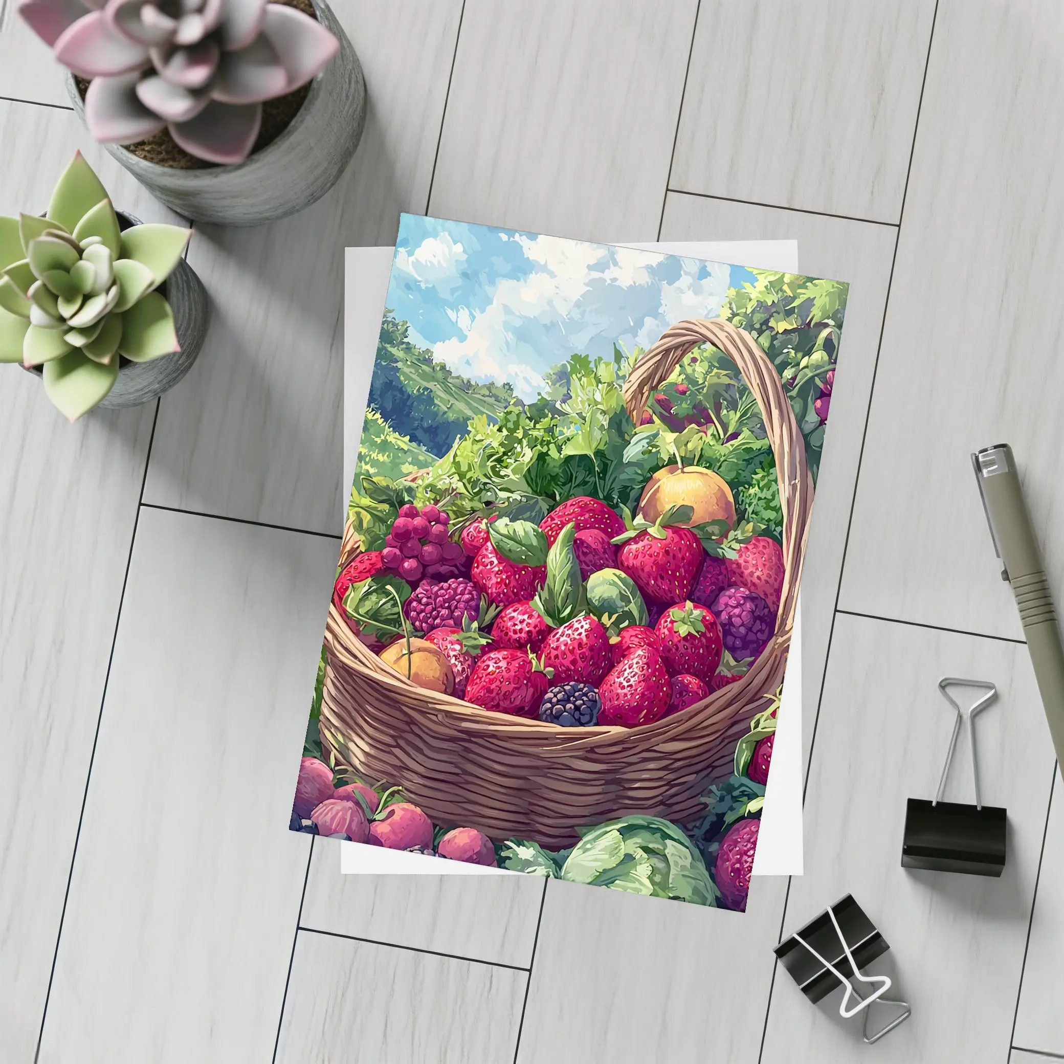 Fresh Fruit Basket Summer Countryside Illustration – Postcards