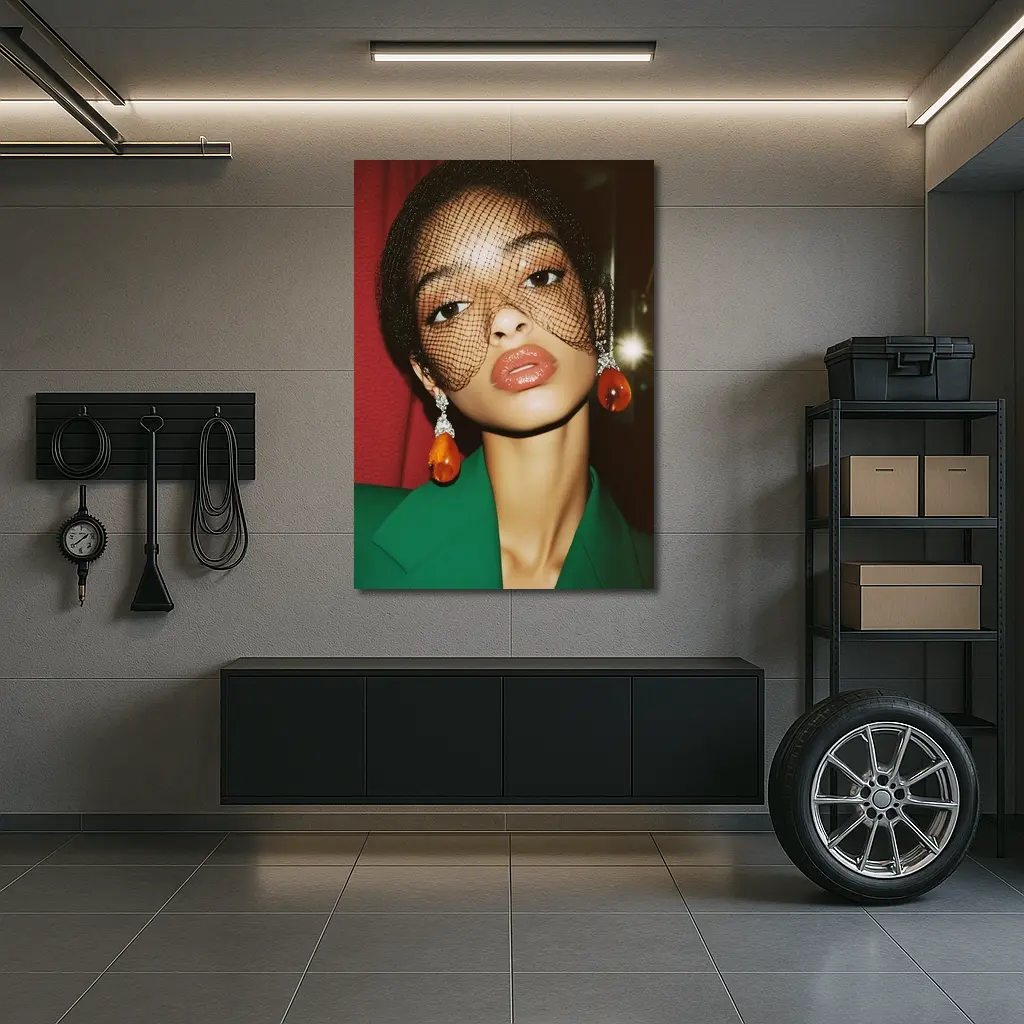 Woman in Green Jacket Net Veil Portrait – Wall Art