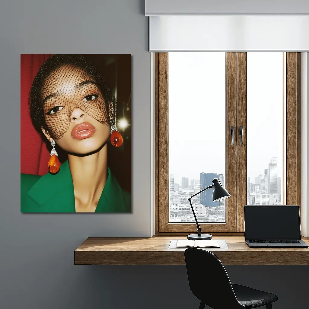 Woman in Green Jacket Net Veil Portrait – Wall Art