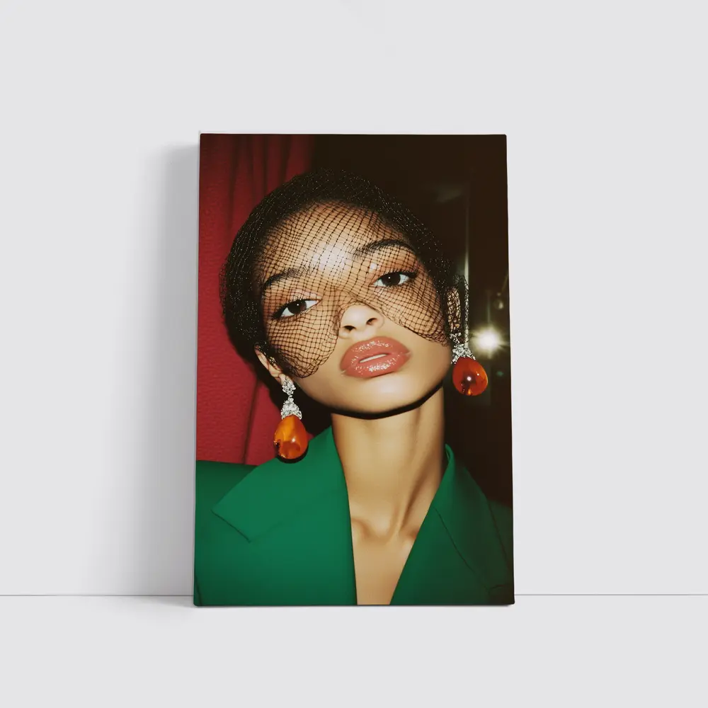 Woman in Green Jacket Net Veil Portrait – Wall Art