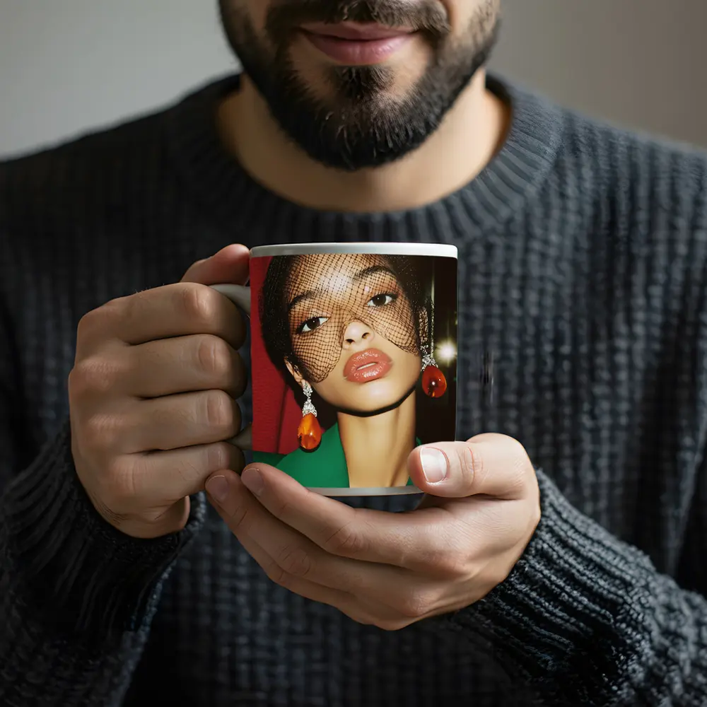 Woman in Green Jacket Net Veil Portrait – Mugs