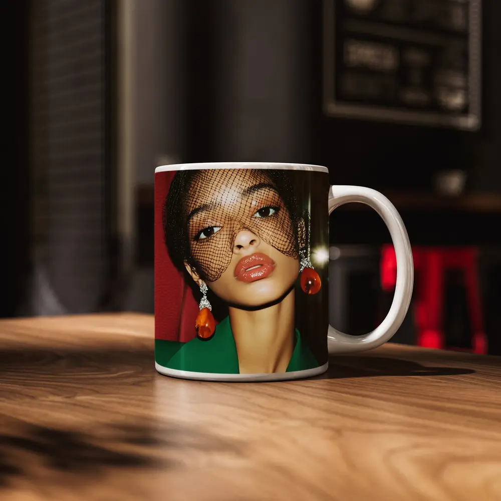 Woman in Green Jacket Net Veil Portrait – Mugs
