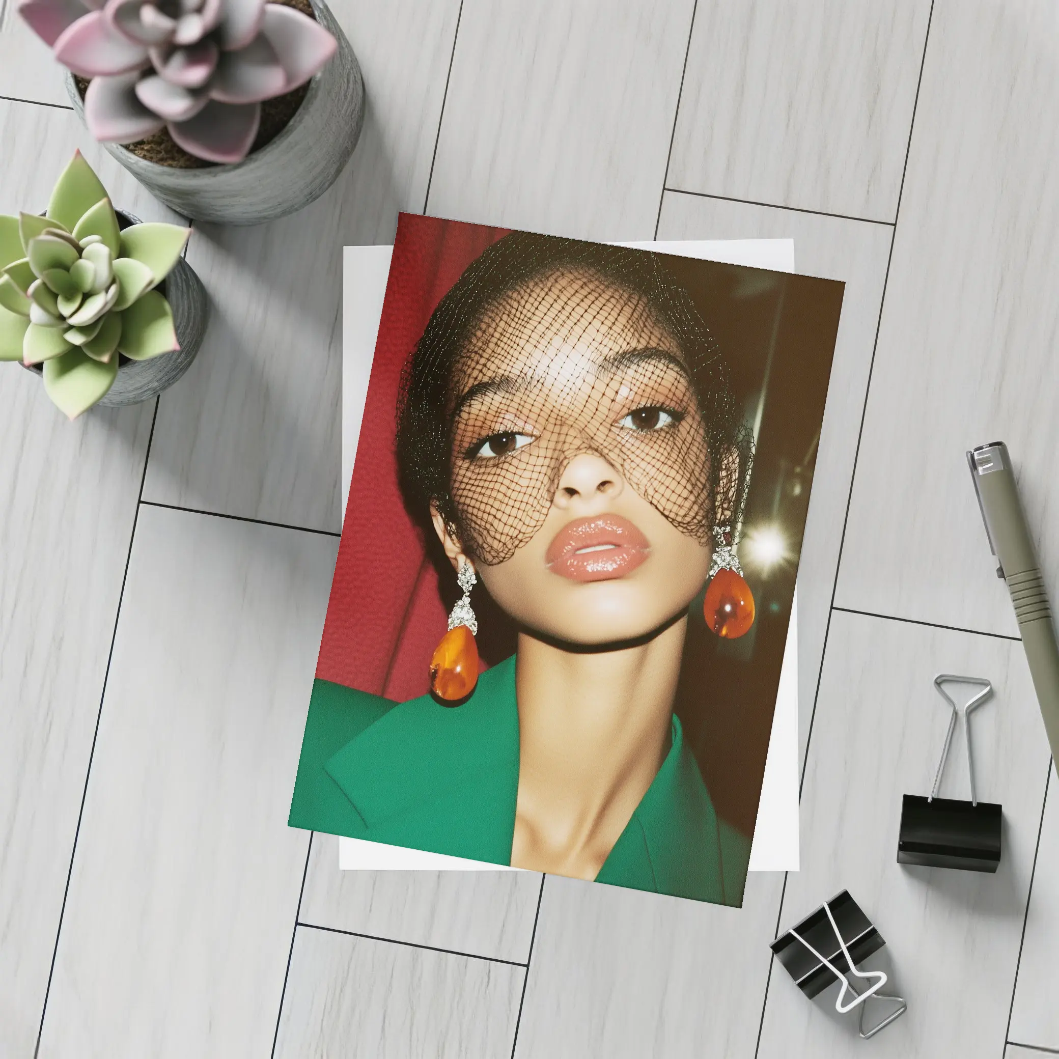 Woman in Green Jacket Net Veil Portrait – Postcards