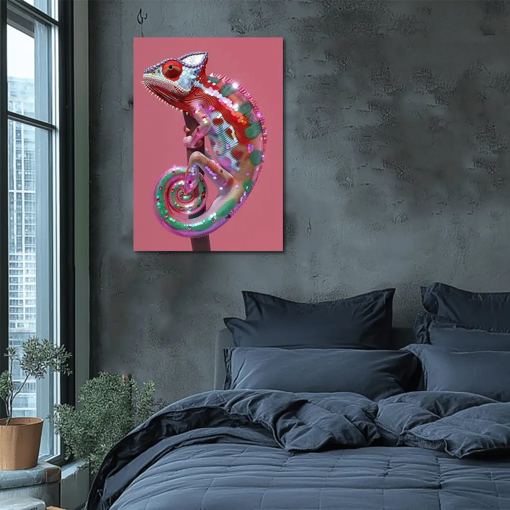 Colorful Chameleon Lizard on Pink Background – Wall Art