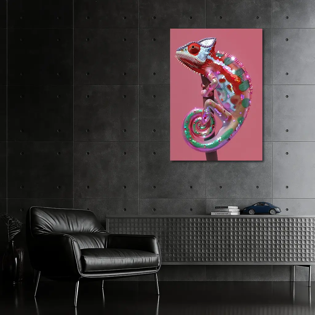 Colorful Chameleon Lizard on Pink Background – Wall Art