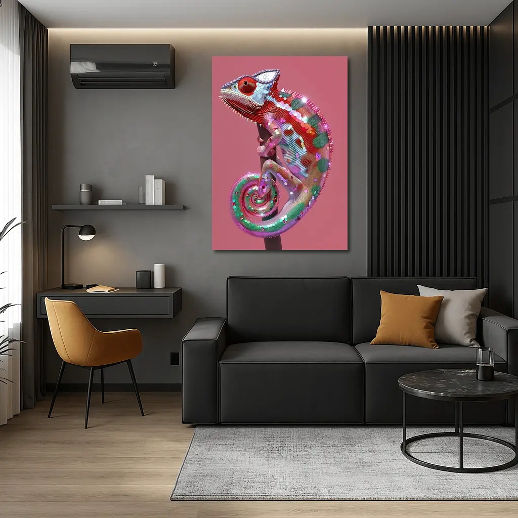 Colorful Chameleon Lizard on Pink Background – Wall Art