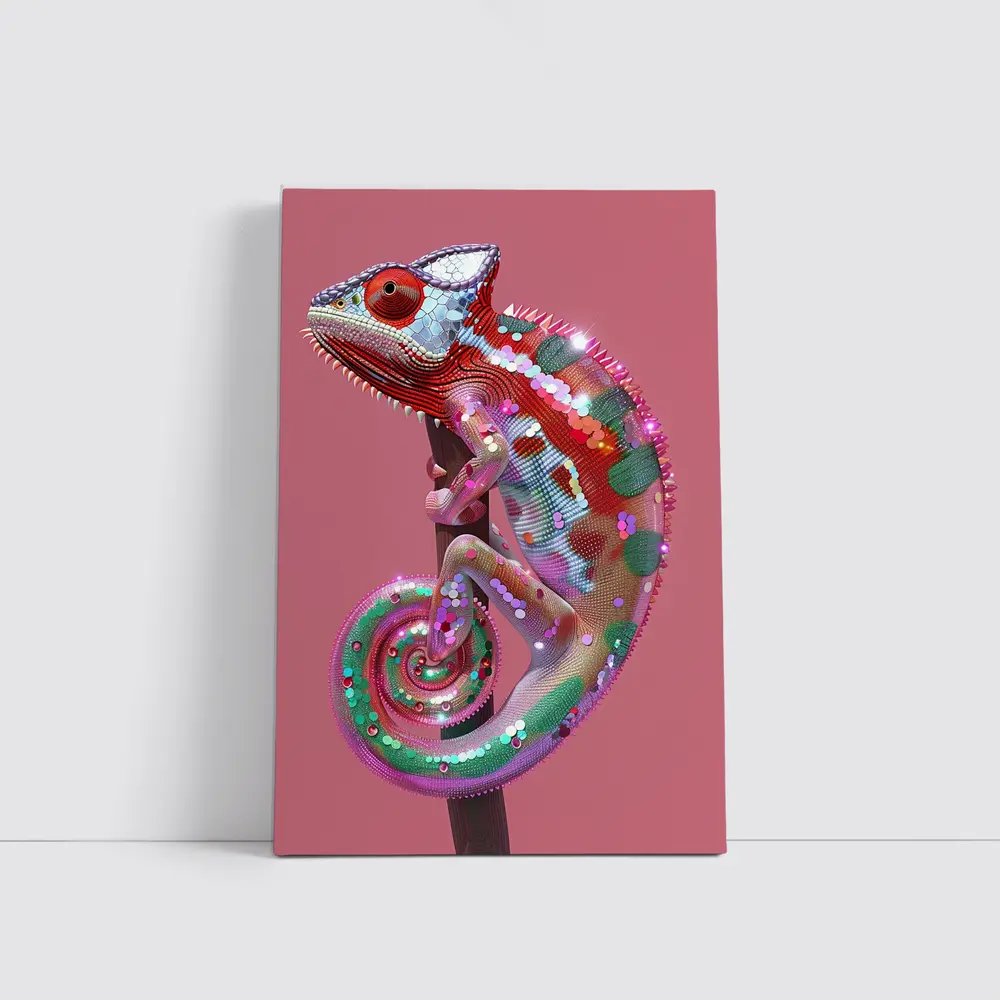 Colorful Chameleon Lizard on Pink Background – Wall Art