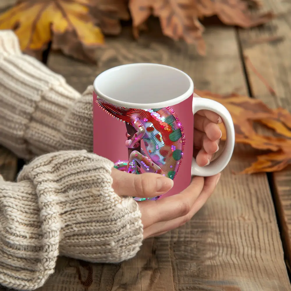 Colorful Chameleon Lizard on Pink Background – Mugs
