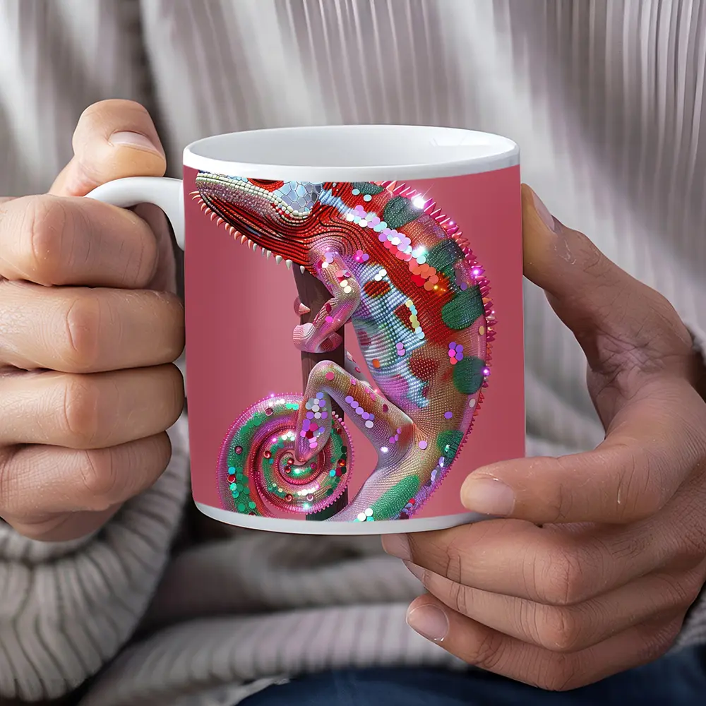 Colorful Chameleon Lizard on Pink Background – Mugs