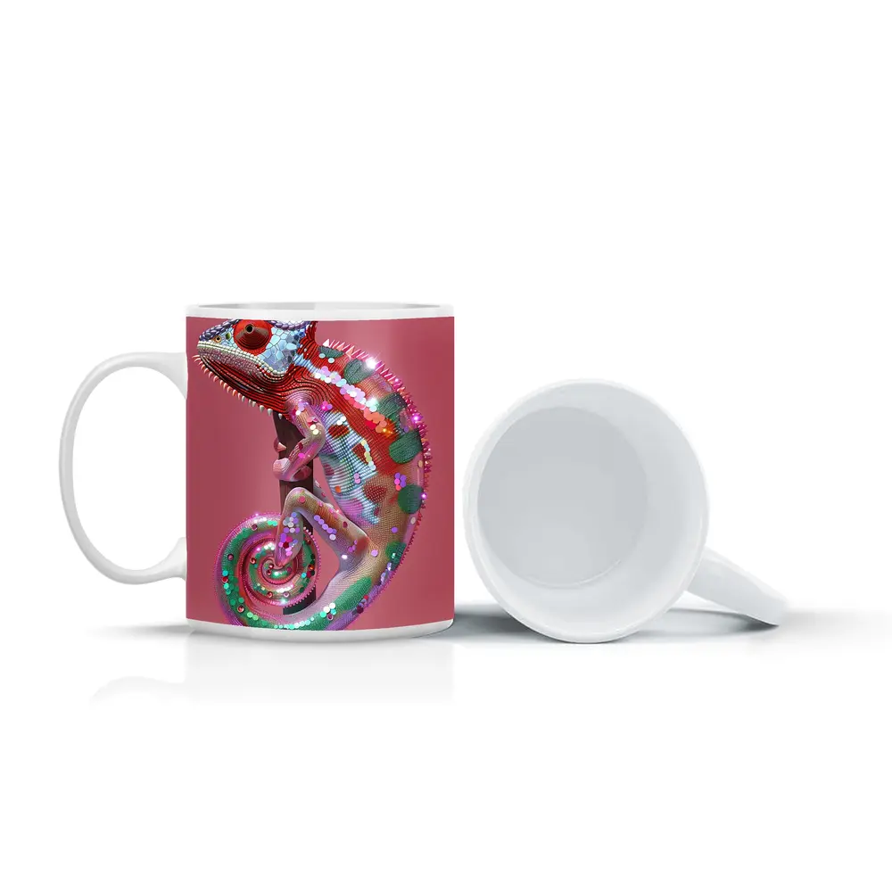 Colorful Chameleon Lizard on Pink Background – Mugs