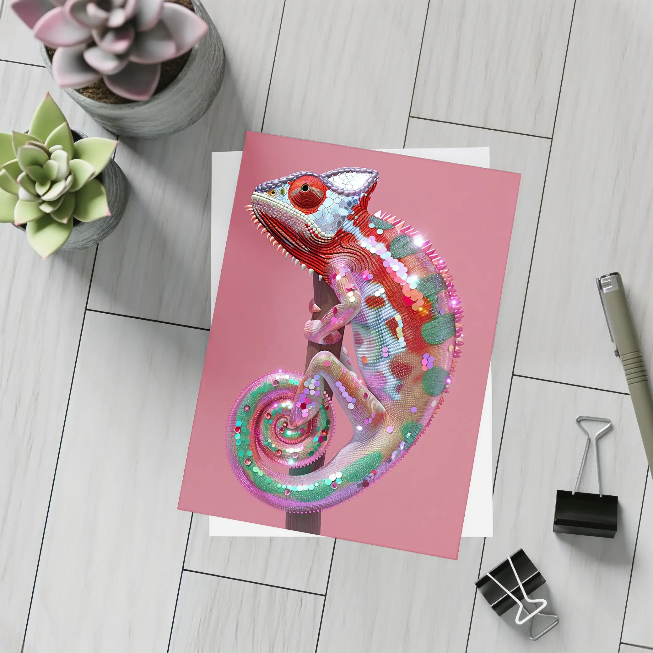 Colorful Chameleon Lizard on Pink Background – Postcards