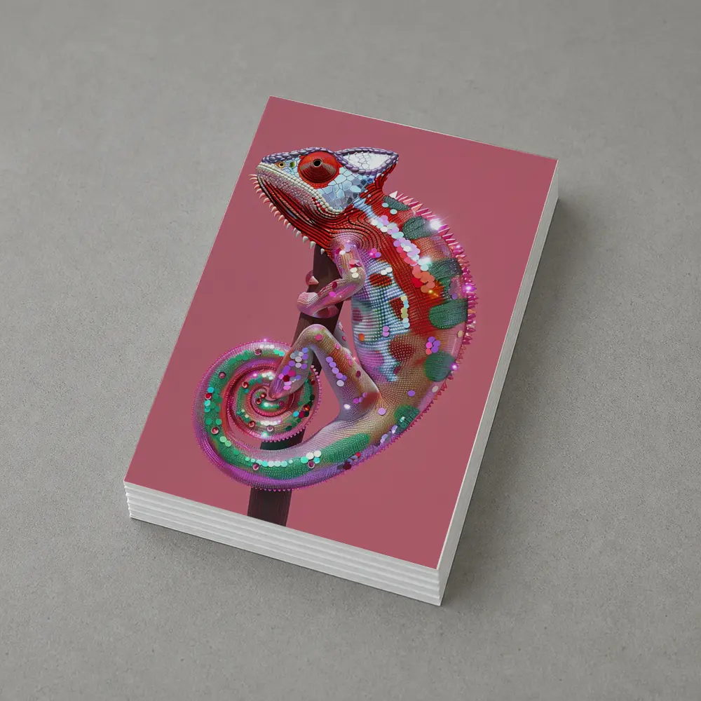 Colorful Chameleon Lizard on Pink Background – Postcards