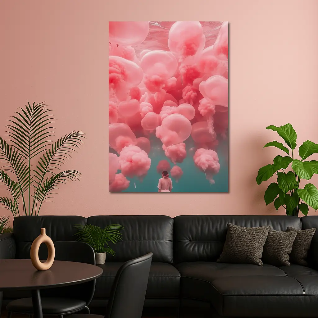 Woman in Pink Dress Surreal Balloon Dream – Wall Art