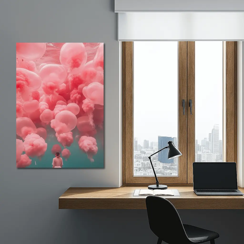 Woman in Pink Dress Surreal Balloon Dream – Wall Art