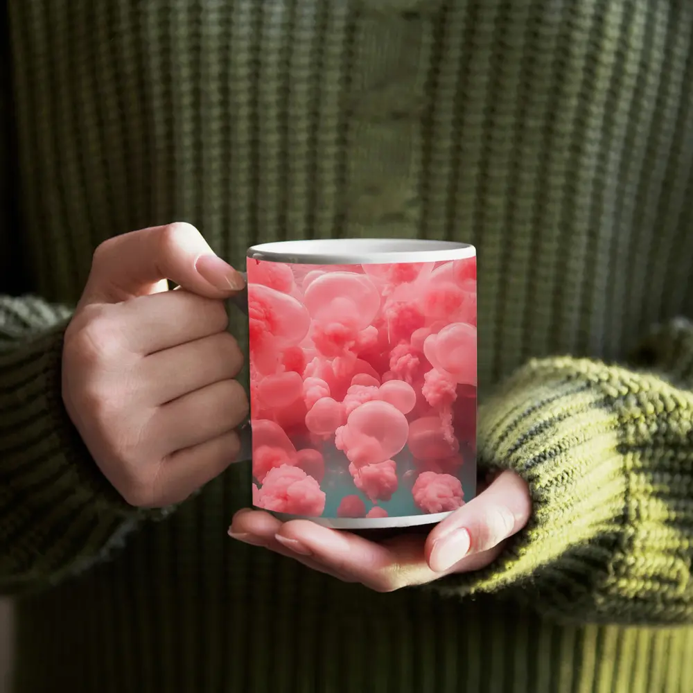Woman in Pink Dress Surreal Balloon Dream – Mugs