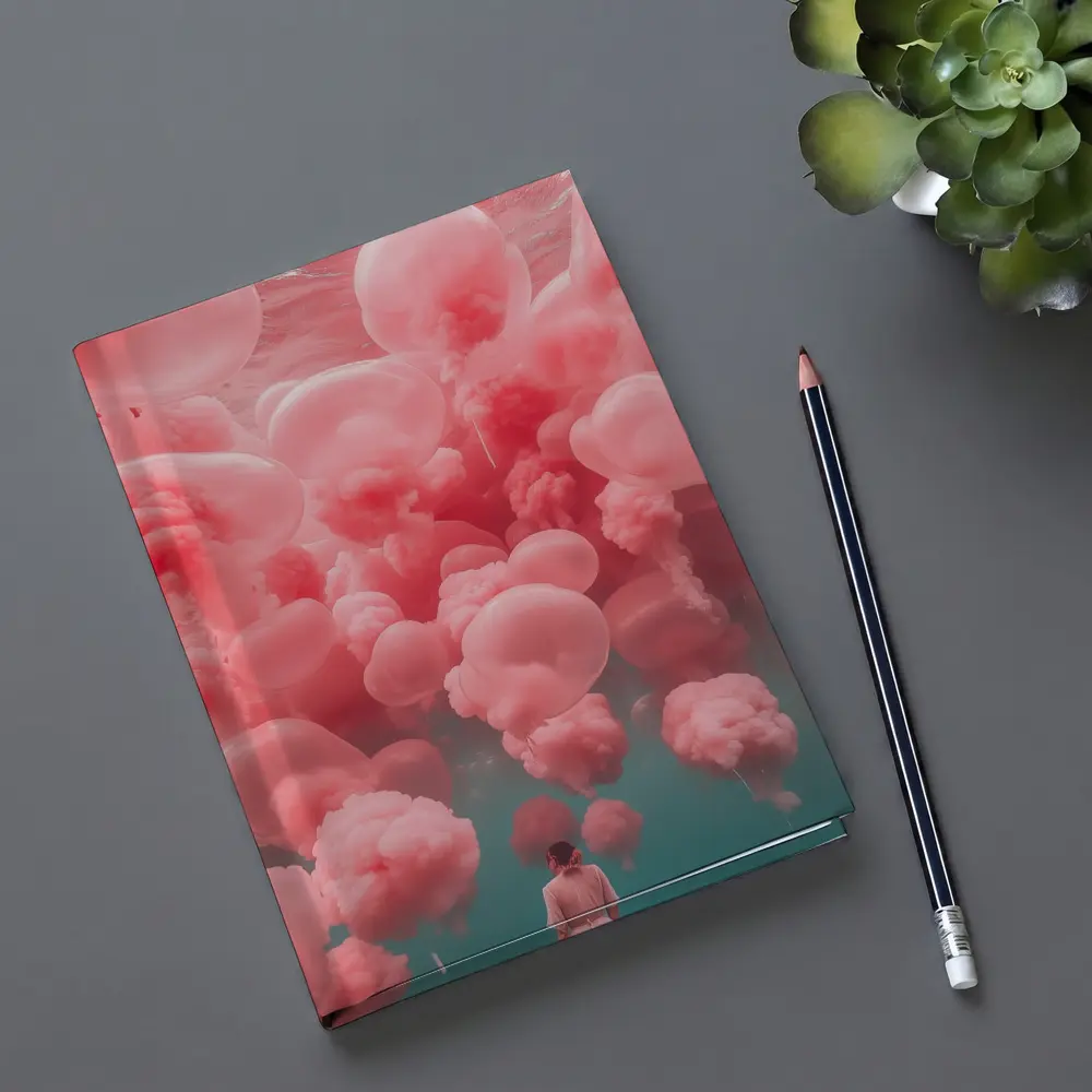 Woman in Pink Dress Surreal Balloon Dream – Notebooks