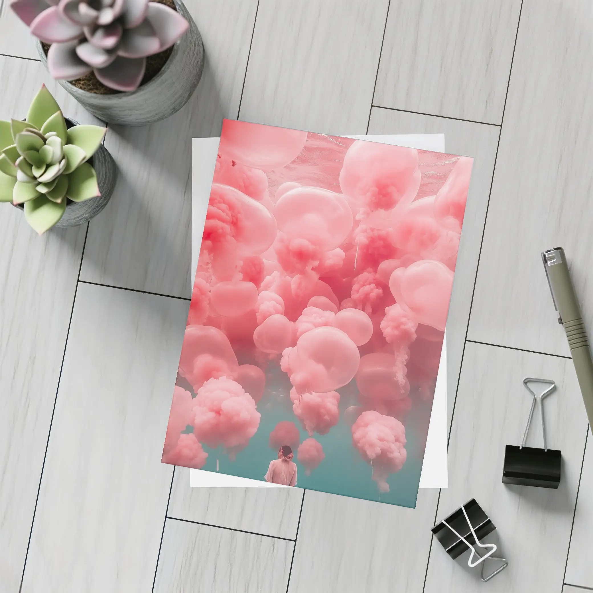 Woman in Pink Dress Surreal Balloon Dream – Postcards