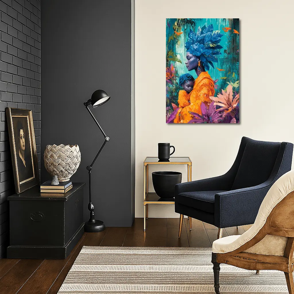 African Mother Child Blue Floral Headdress – Wall Art