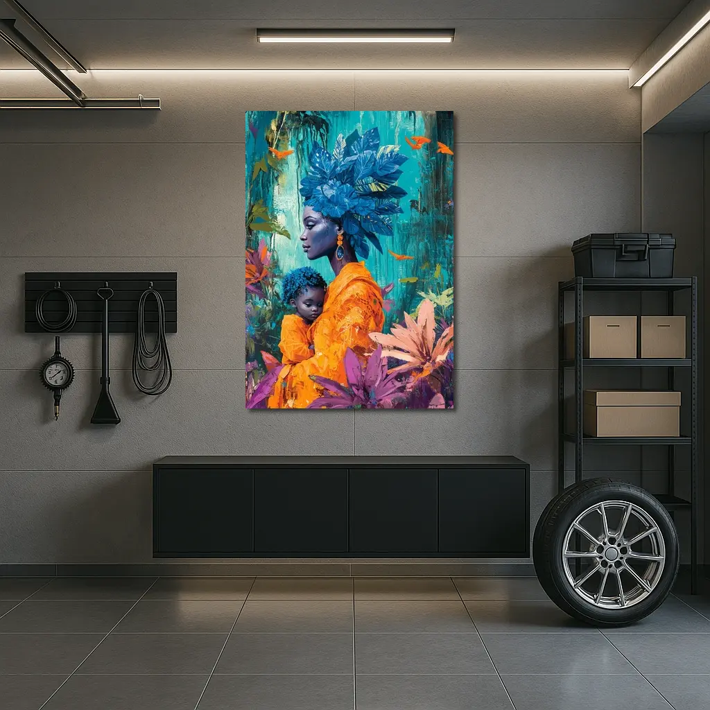 African Mother Child Blue Floral Headdress – Wall Art