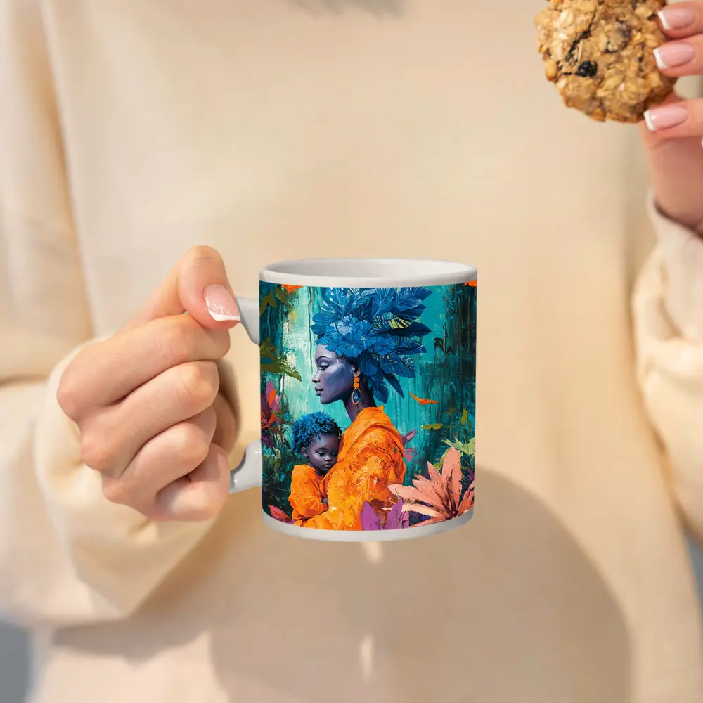 African Mother Child Blue Floral Headdress – Mugs
