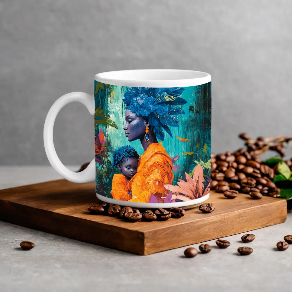 African Mother Child Blue Floral Headdress – Mugs