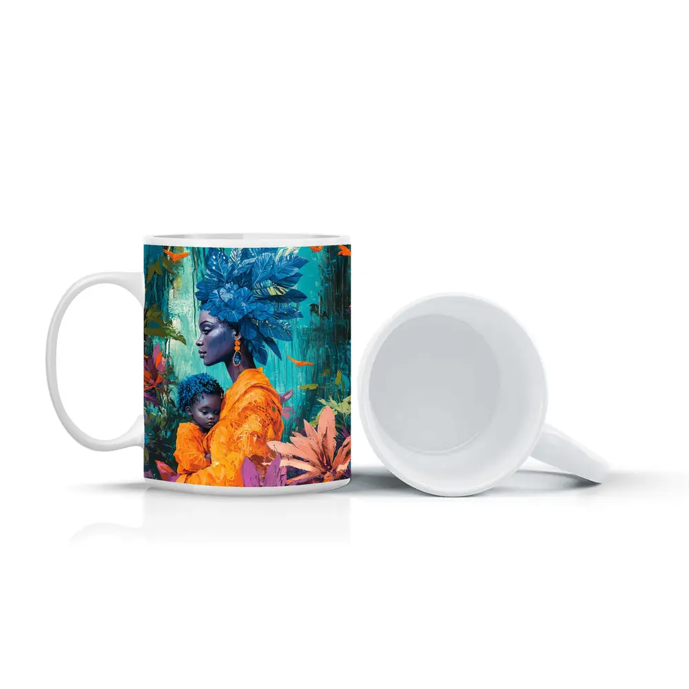 African Mother Child Blue Floral Headdress – Mugs