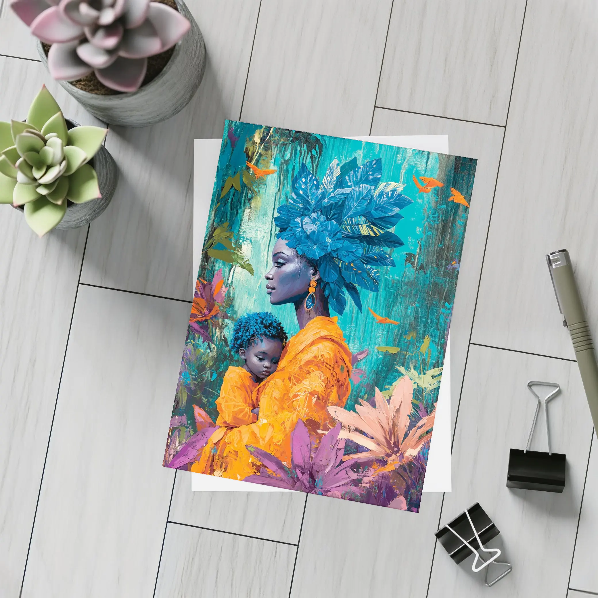 African Mother Child Blue Floral Headdress – Postcards