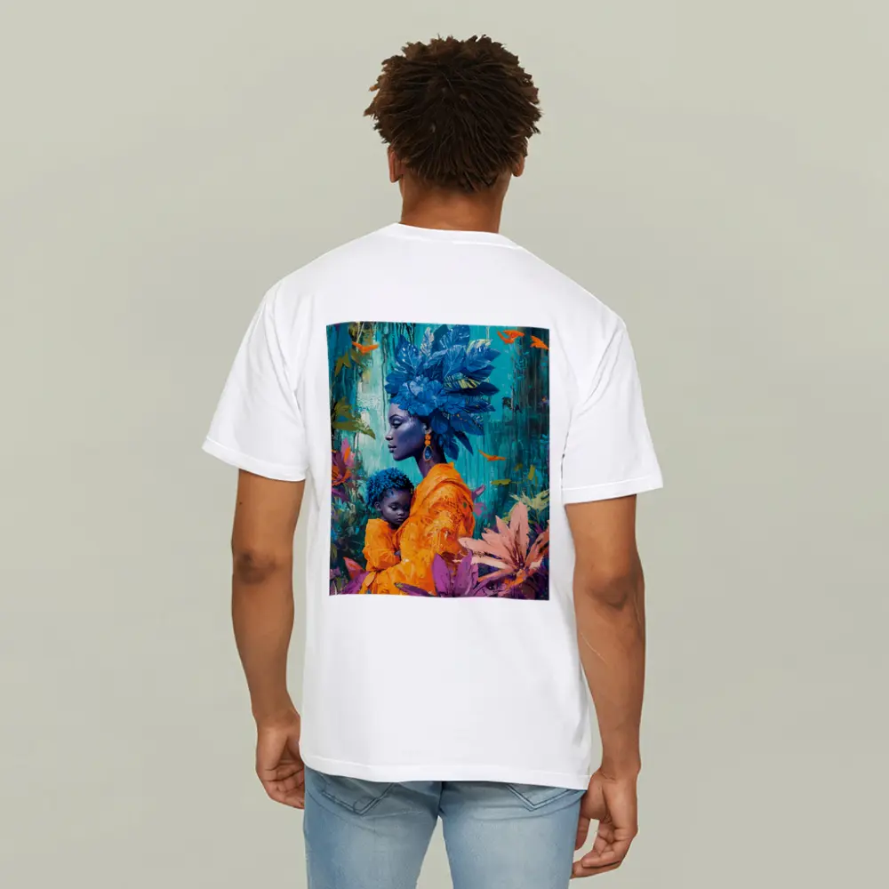 African Mother Child Blue Floral Headdress – T-Shirts