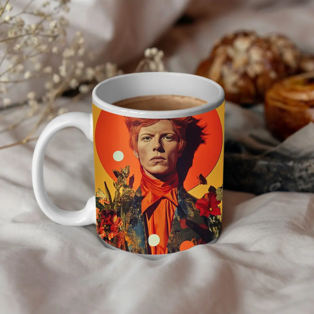 Retro Man Portrait Orange Floral Collage Art – Mugs