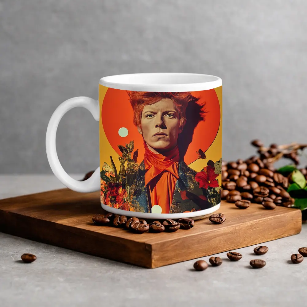 Retro Man Portrait Orange Floral Collage Art – Mugs