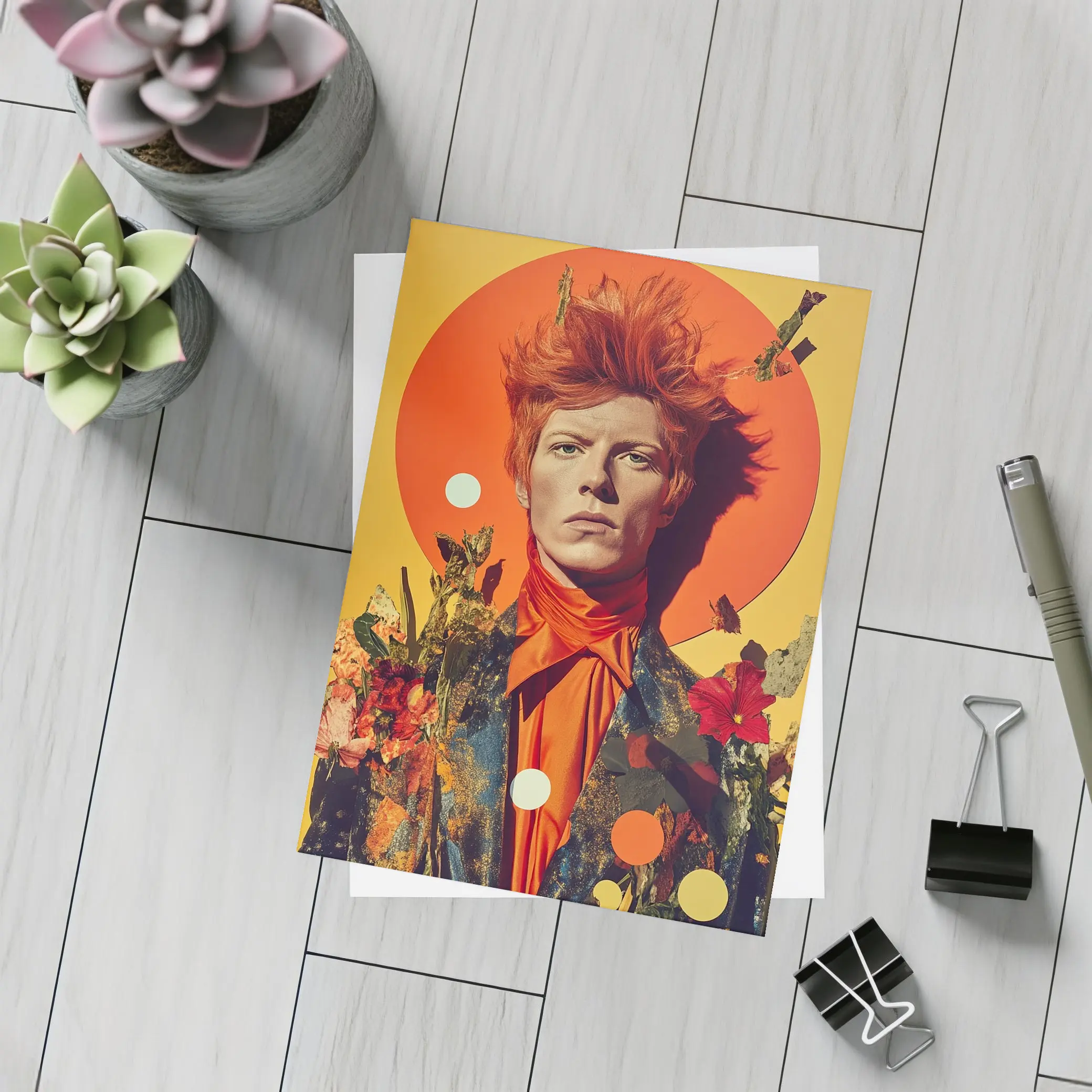 Retro Man Portrait Orange Floral Collage Art – Postcards