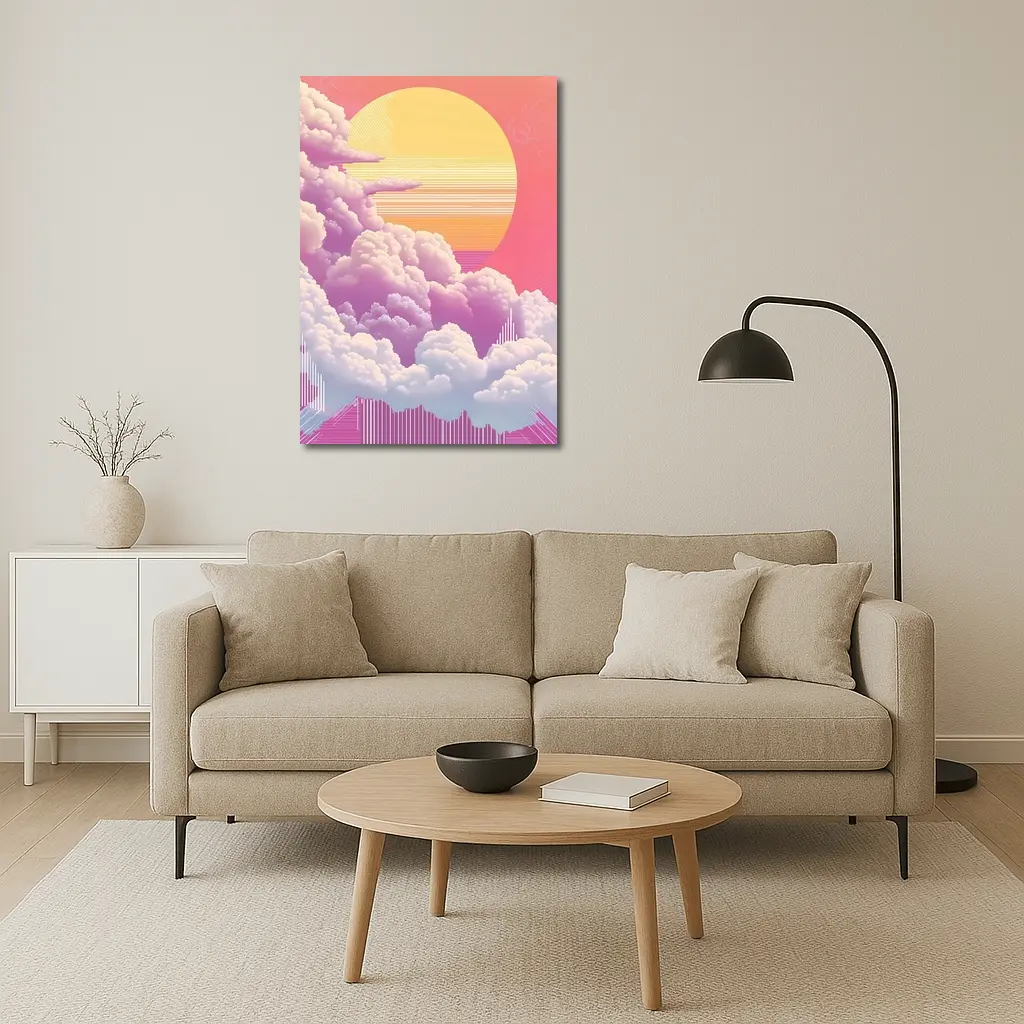 Retro Vaporwave Pink Sky Clouds Sun – Wall Art