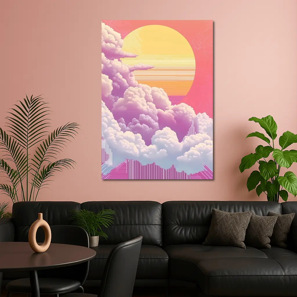 Retro Vaporwave Pink Sky Clouds Sun – Wall Art