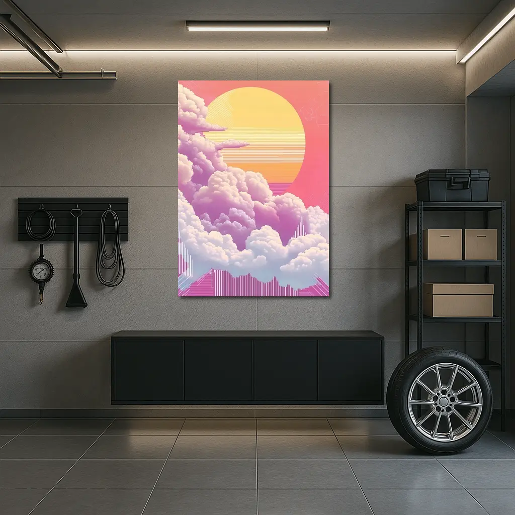Retro Vaporwave Pink Sky Clouds Sun – Wall Art