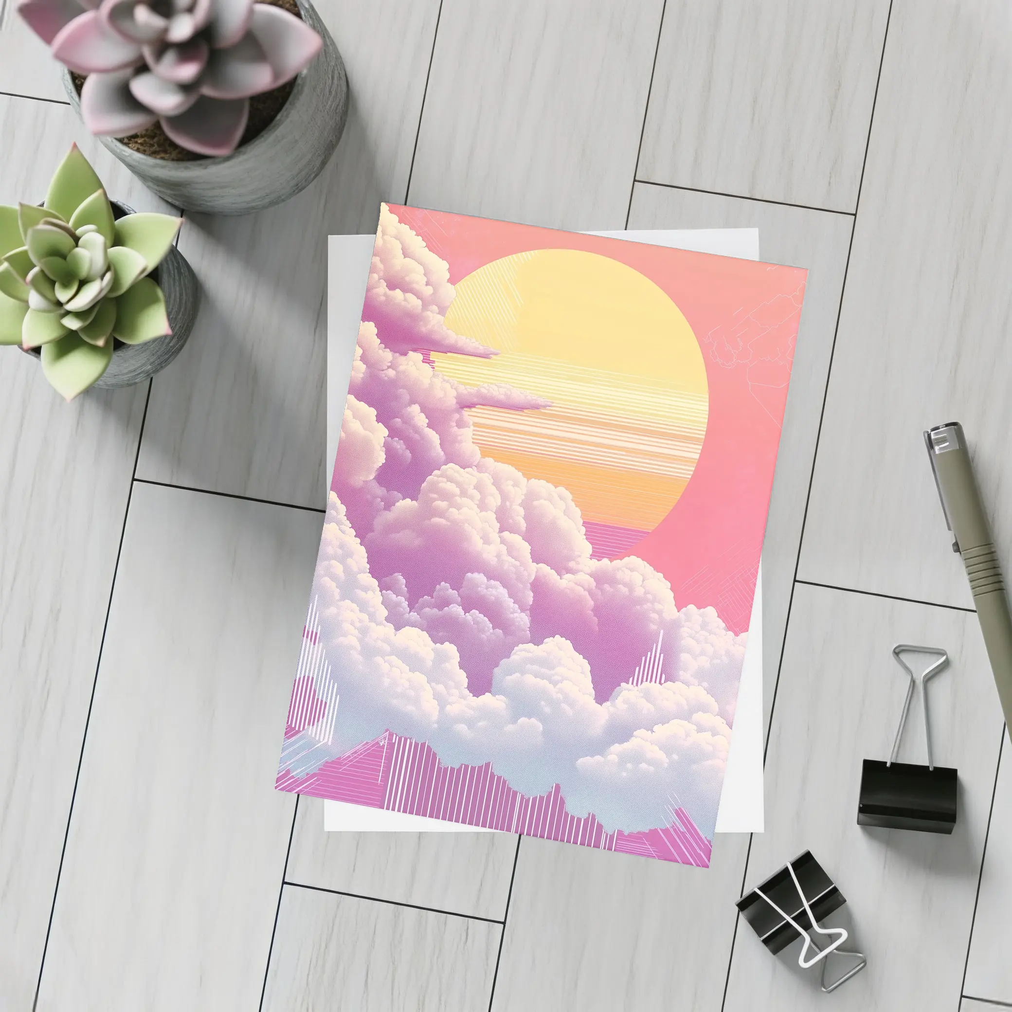 Retro Vaporwave Pink Sky Clouds Sun – Postcards