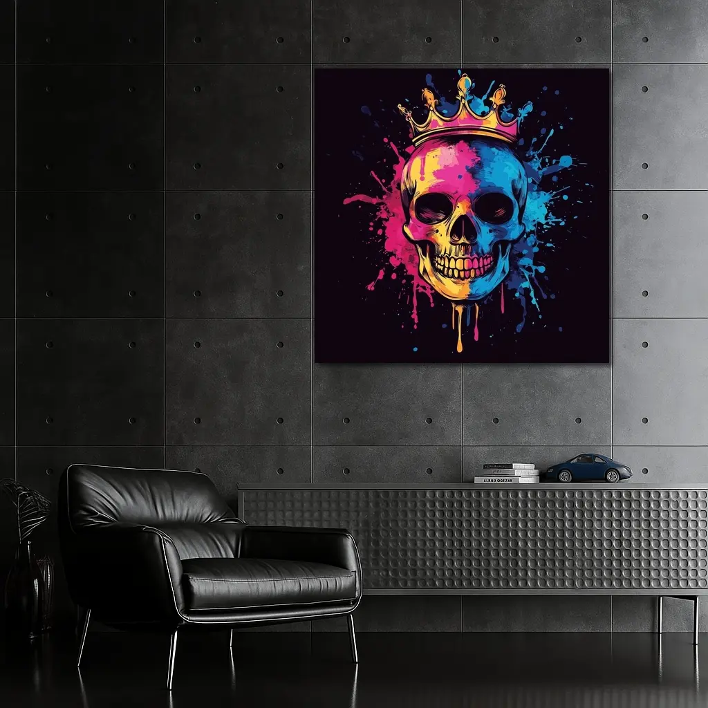 Crowned Skull Neon Paint Splash Dark – Wall Art
