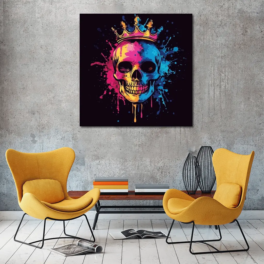 Crowned Skull Neon Paint Splash Dark – Wall Art