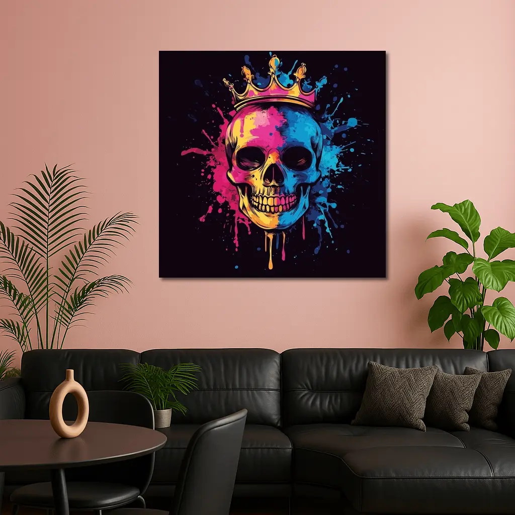 Crowned Skull Neon Paint Splash Dark – Wall Art