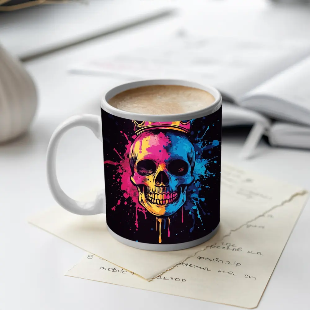Crowned Skull Neon Paint Splash Dark – Mugs