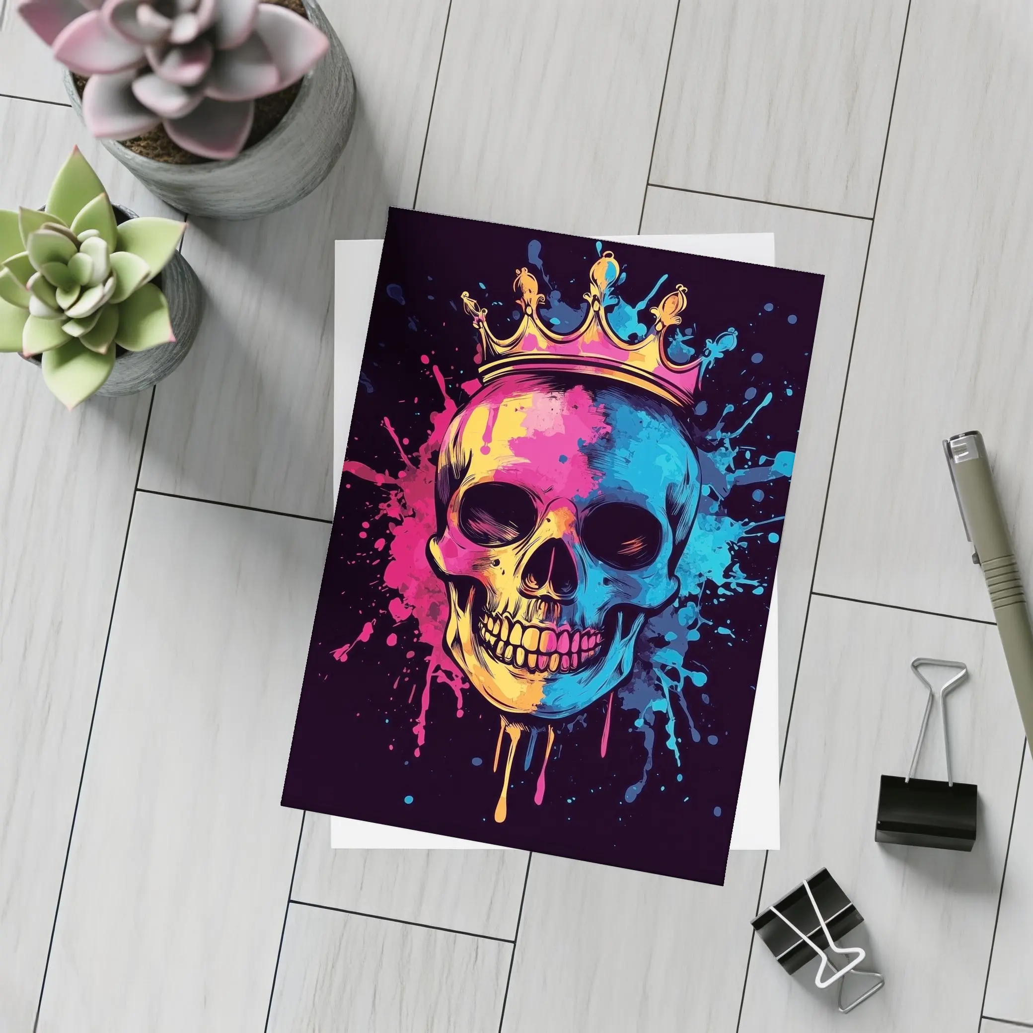 Crowned Skull Neon Paint Splash Dark – Postcards