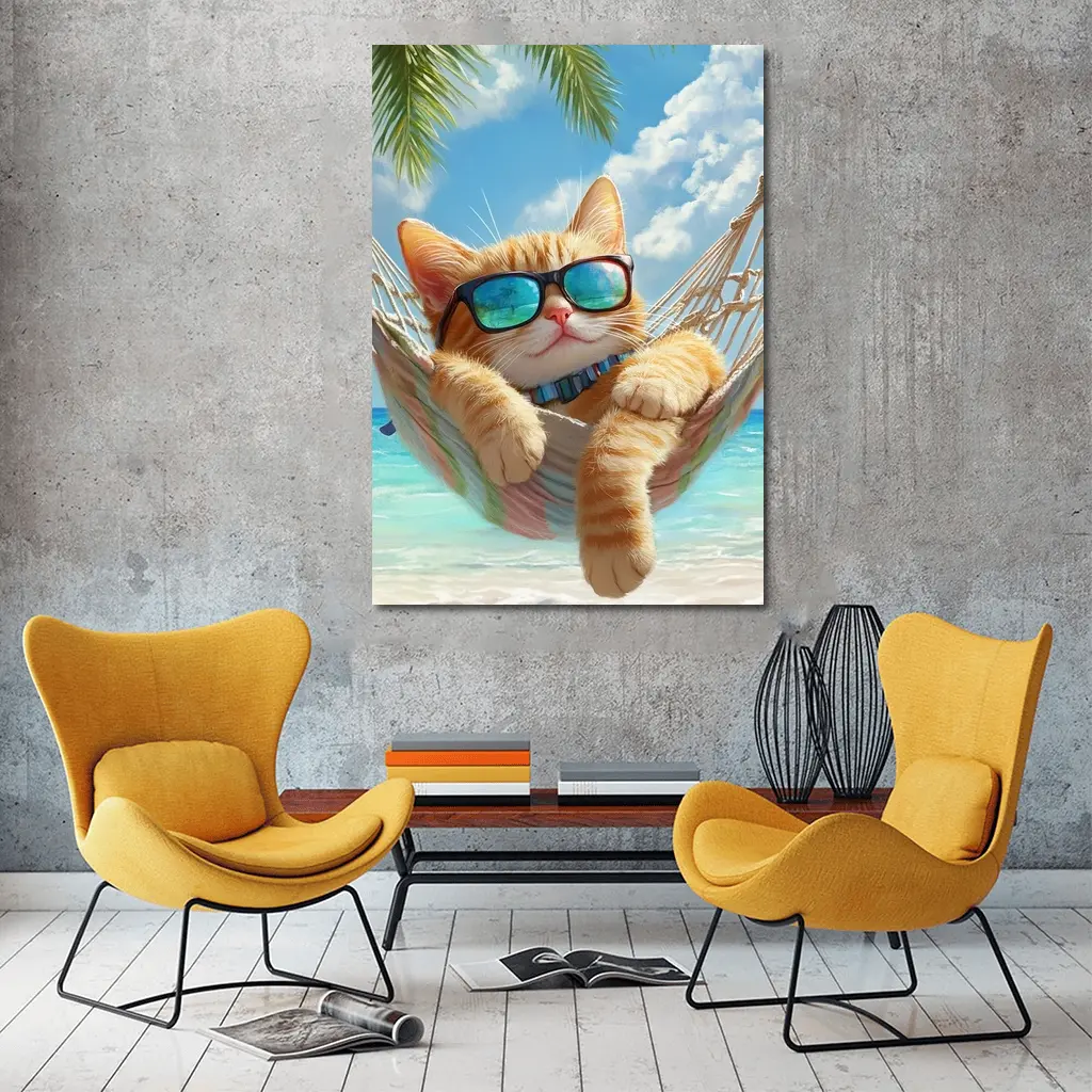 Orange Tabby Cat Relaxing Beach Hammock – Wall Art