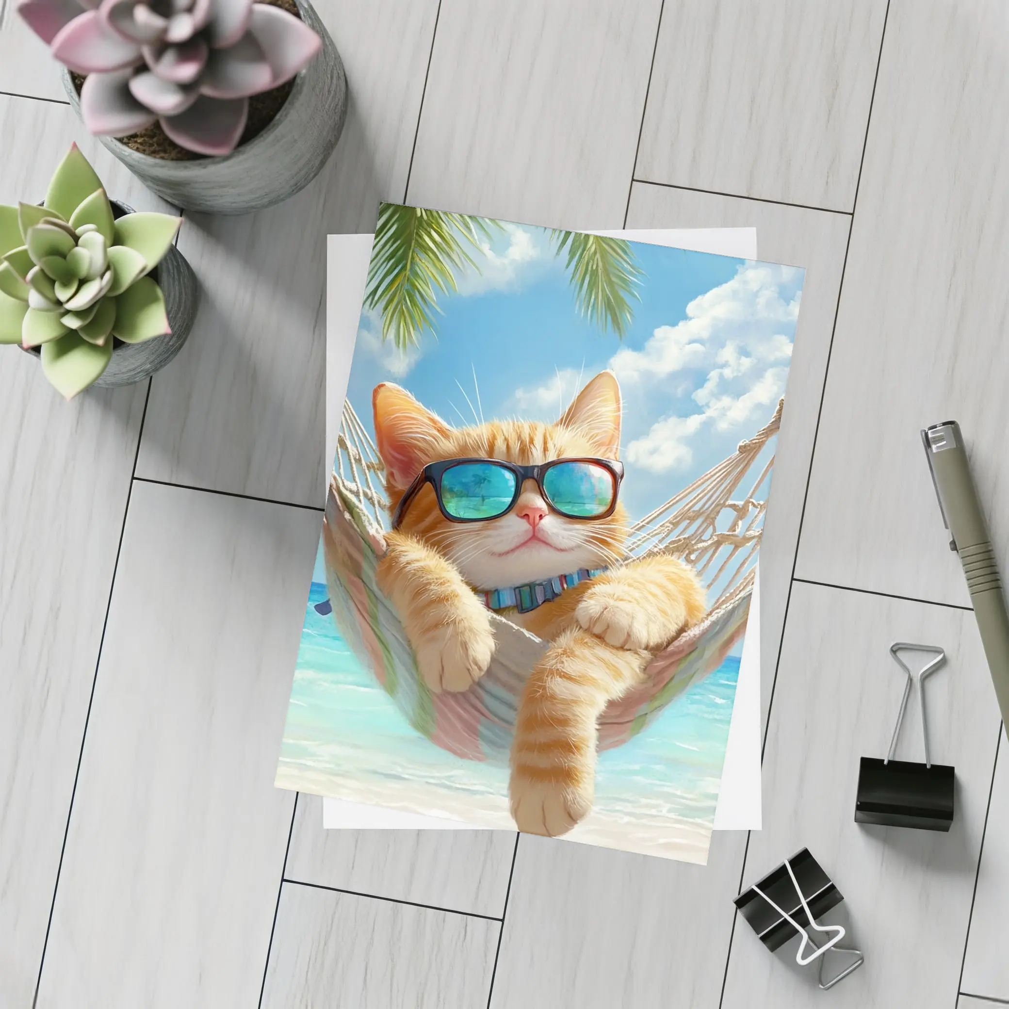 Orange Tabby Cat Relaxing Beach Hammock – Postcards