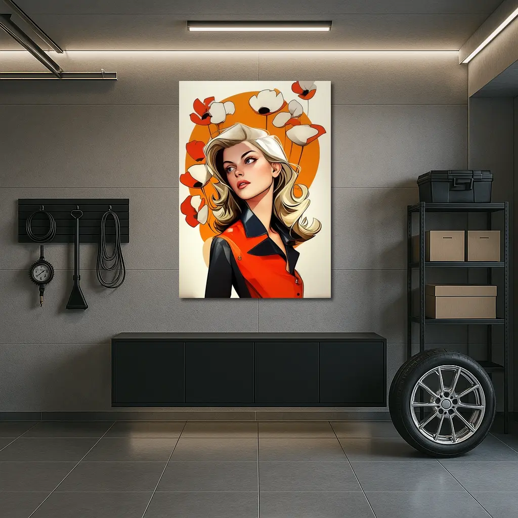 Retro Blonde Woman Poppies Orange Circle Art – Wall Art